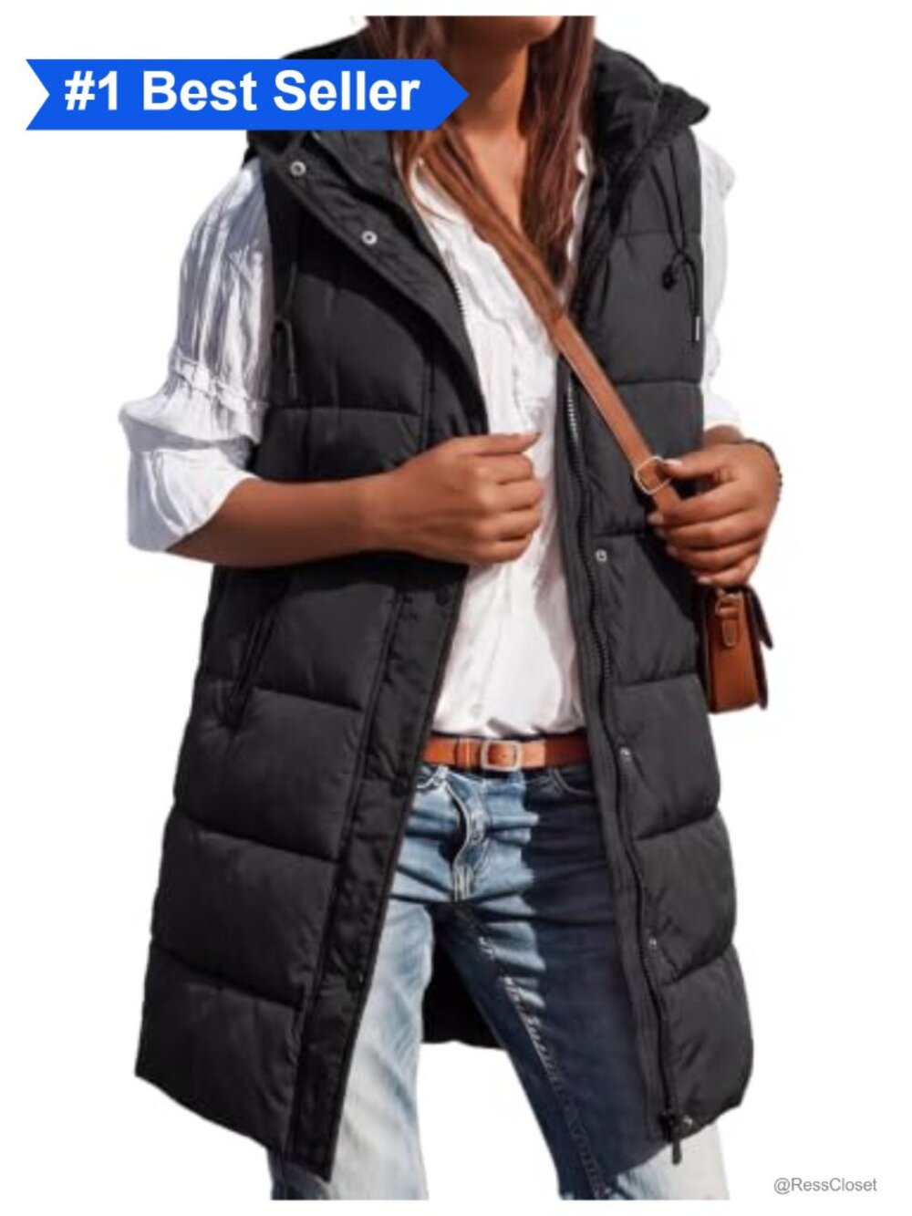Long Quilted Puffer Vest Hooded Sleeveless Zip